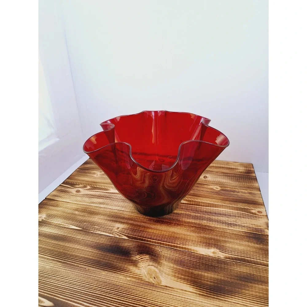 Vintage Ruby Red Footed Ruffled Glass Candy - Fruit Dish‎ 5.5